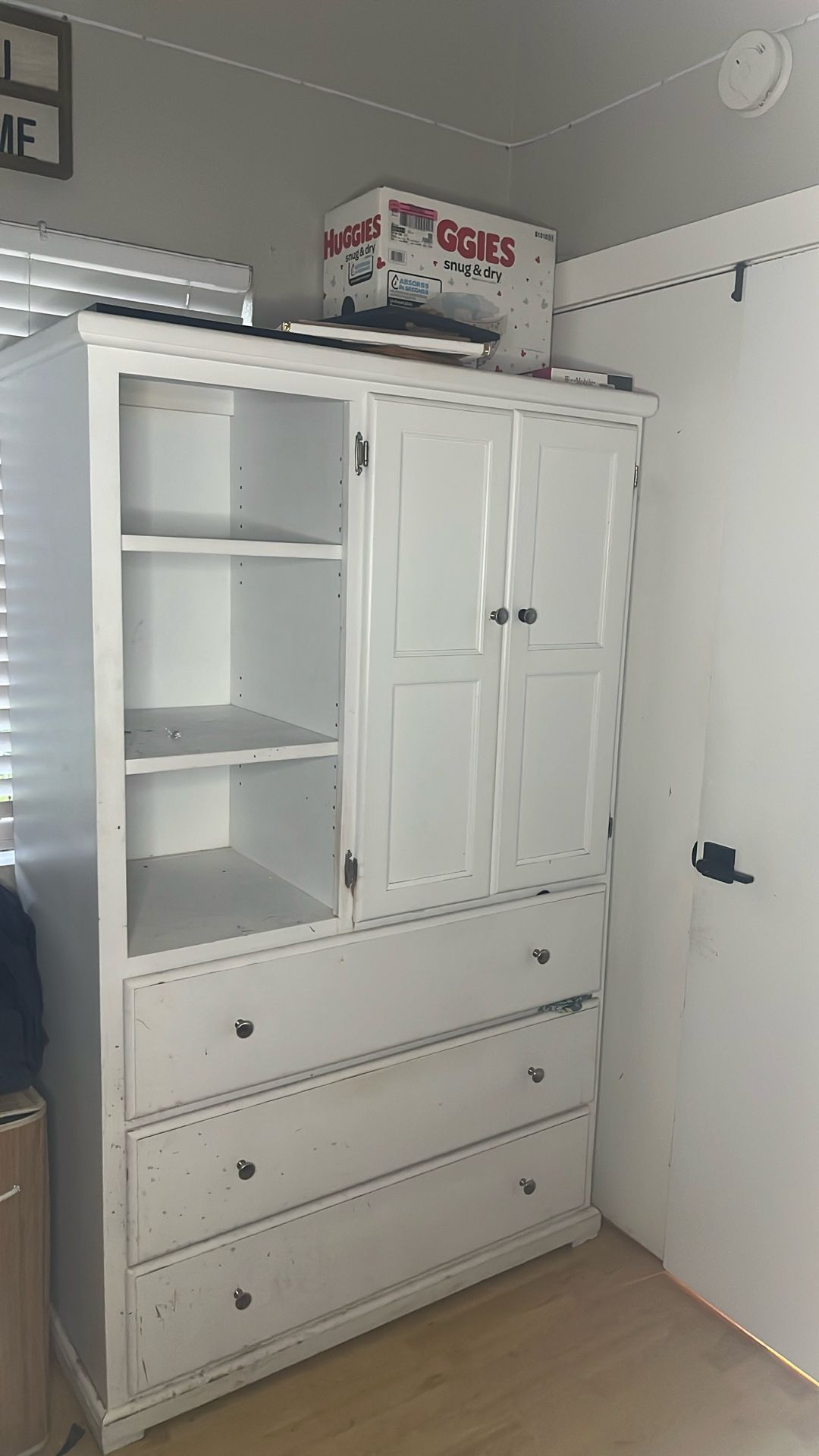 White Wooden Cabinet with Shelves & Drawers