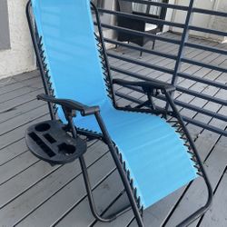 Patio Set (x2) Blue Lounge Chairs with Black Metal Side Table