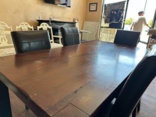 Modern Dark Wood Dining Table with 6 Leather Chairs