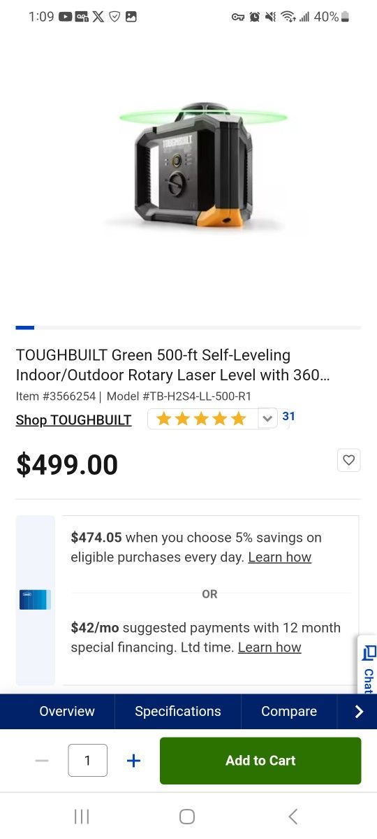 TOUGHBUILT Green 500-ft Self-Leveling Indoor/Outdoor Rotary Laser Level with 360 Beam