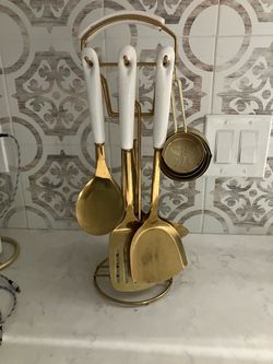 Gold kitchen utensils set with stand