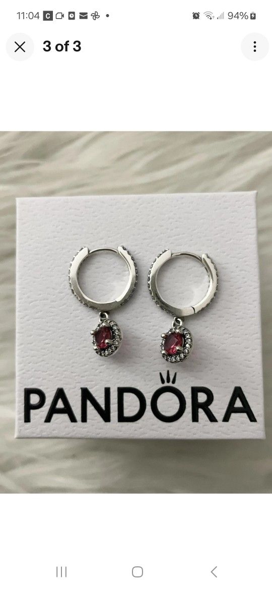 Pandora Authentic Brand New Sterling Silver Sparkling Round Red Stone Dangling Earrings