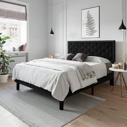 Full Size Bed Frame, Velvet Upholstered Platform Bed with Adjustable Diamond Button Tufted & Nailhead Trim Headboard, Black