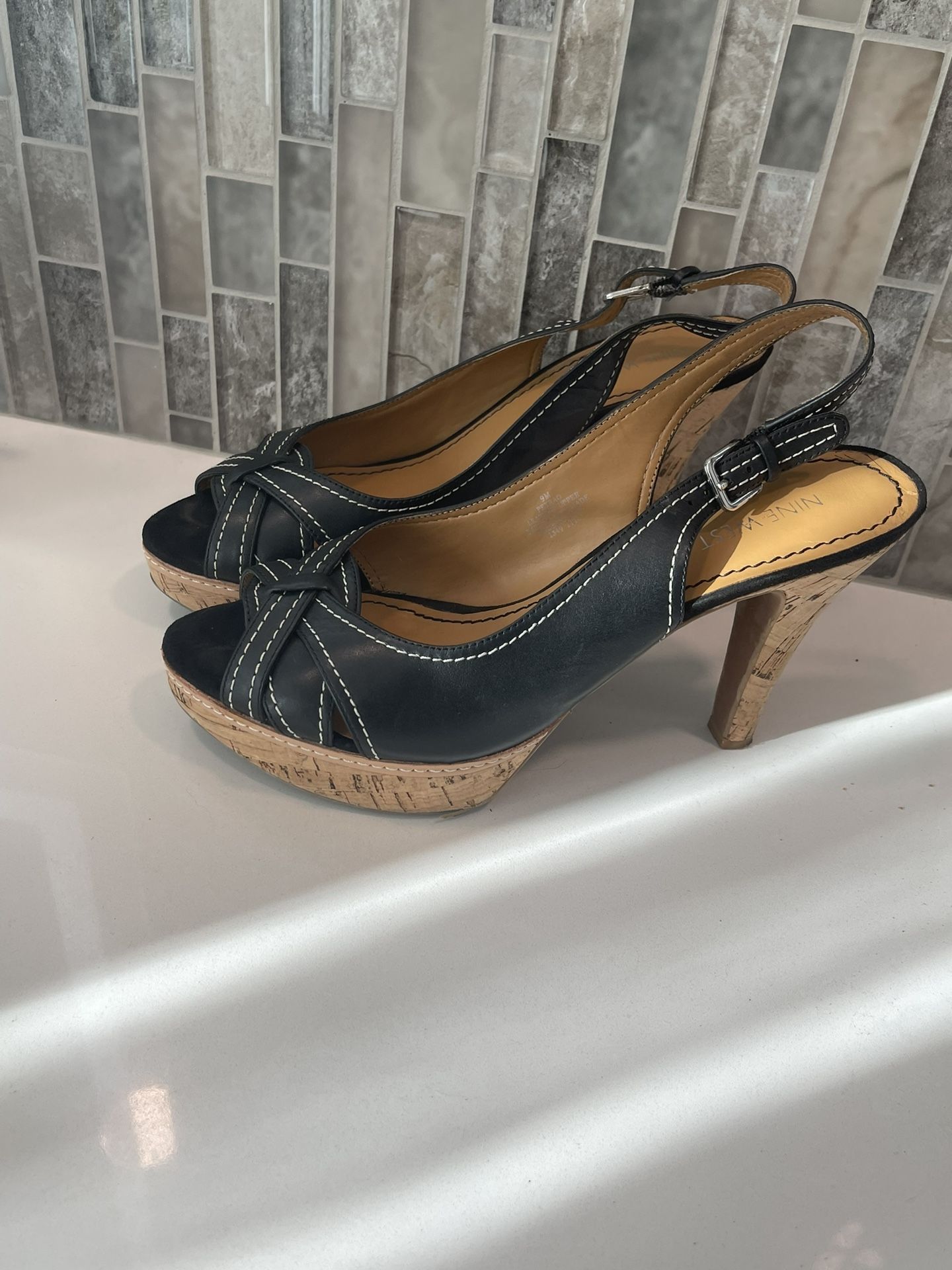 Nine West Cork Sling Back Cork Heel Black Leather Size 9