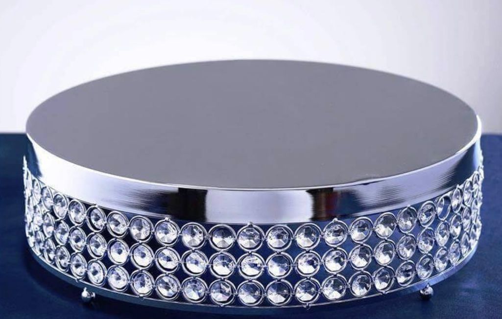 Metal Cake Stand Pedestal Crystal Beaded Design Silver