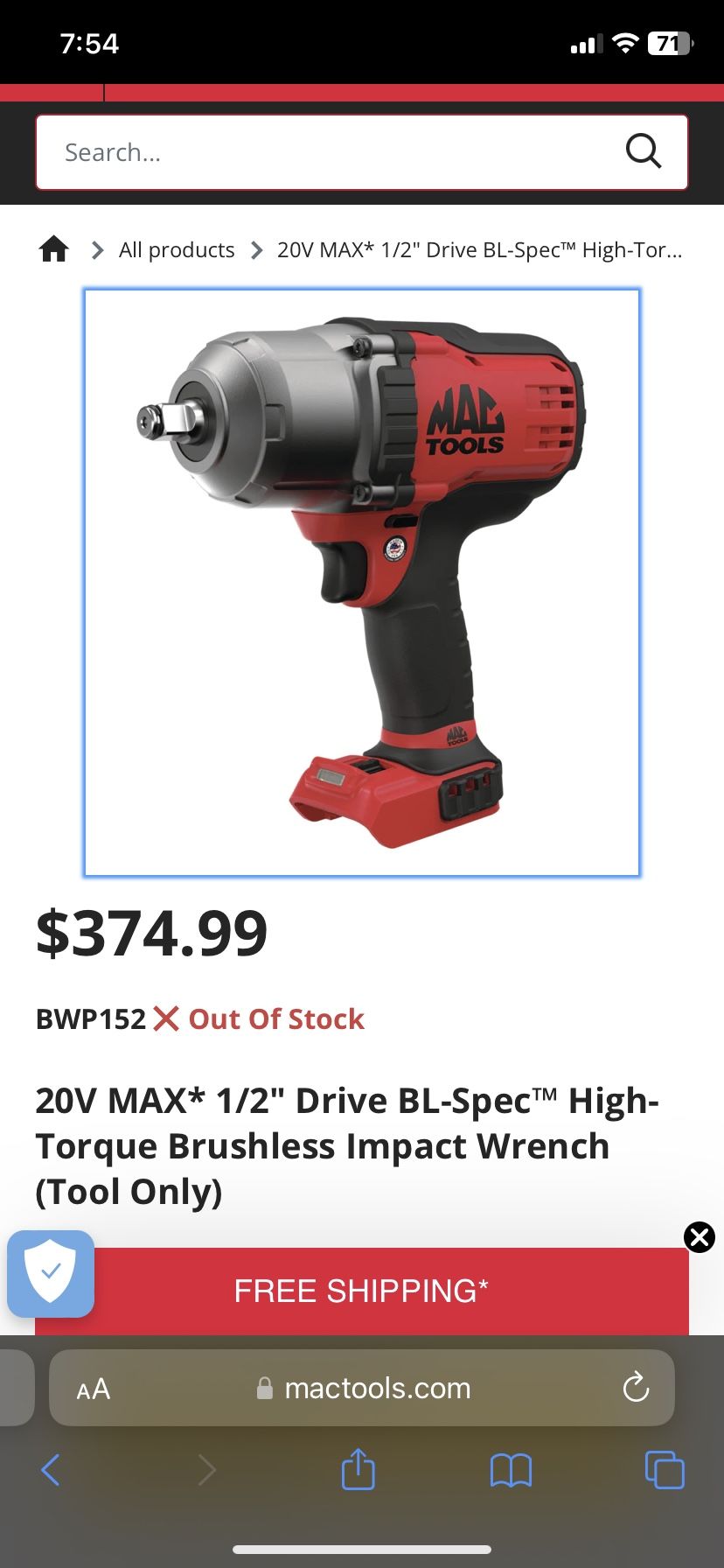 Mac Tools 1/2” Electric Impact 