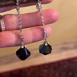 Old Hollywood style vintage rhinestone clip on earrings with a black drop crystal