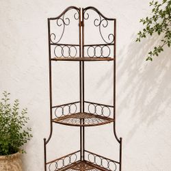Vintage Folding Wrought Iron Corner Plant Stand Shelf Garden Baker’s Rack 4 Tiered Rusty Weathered Rusty Patina Pot Planter Holder Display Garden Shel