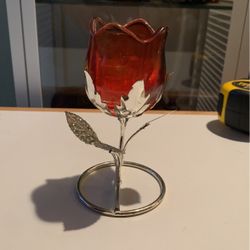 Silver And Red Rose Votive, Tea Light Candle Holder 5.25"