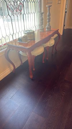 Ornate Wood Console Table with Two Matching Stools
