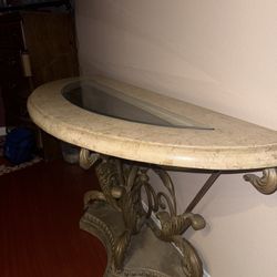 Magnussen Home Demilune Console Table – Marble Top & Iron Base