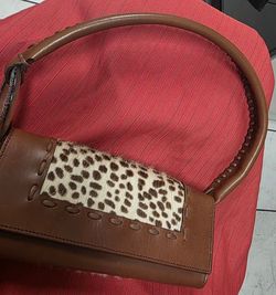 Rodo Brown Leather Handbag with Animal Print Panel