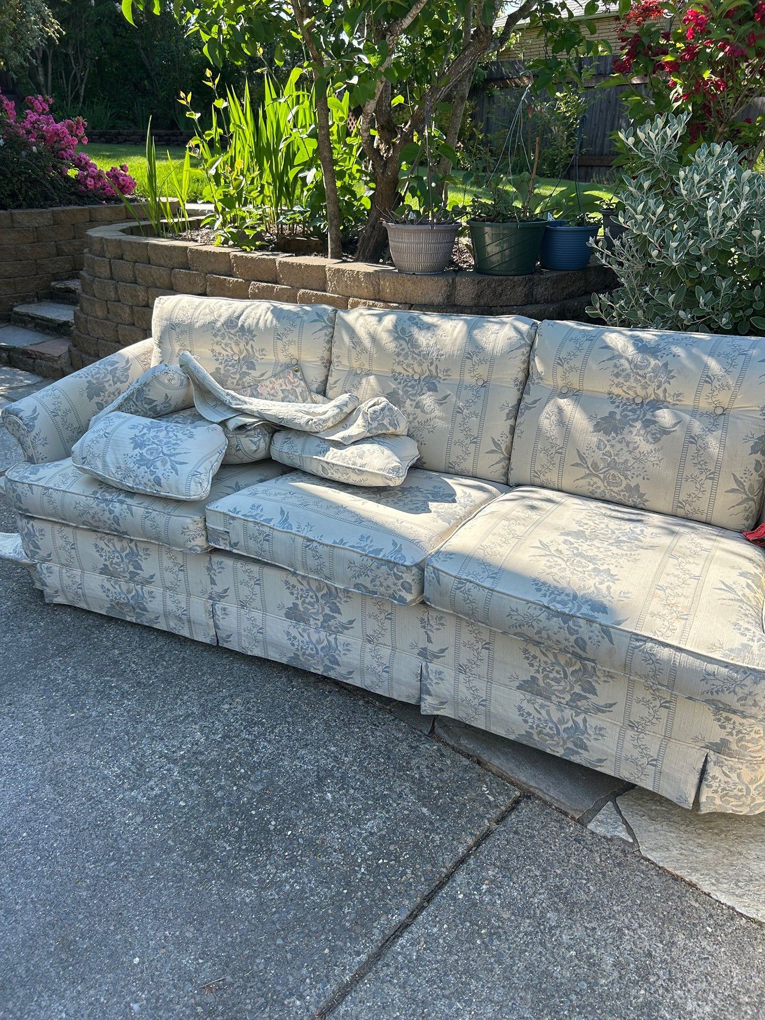 Traditional Three-Seat Sofa in Cream and Blue Floral Upholstery