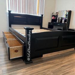 Queen Bed With Drawers - No Mattress 