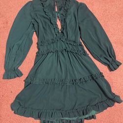 New Medium green long poof sleeve short ruffle boho dress short