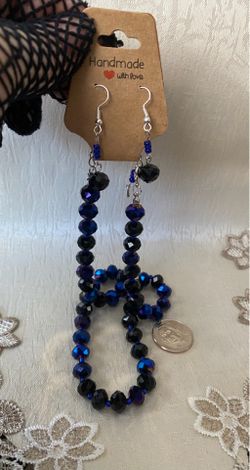 Handmade Long Blue Beaded Necklace and Earrings Set