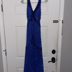 Sean Collection Blue Sequined Long Prom Dress