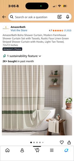 AmazerBath Boho Shower Curtain, Modern Farmhouse Shower Curtain Set with Tassels, Rustic Faux Linen Green Striped Shower Curtain with Hooks, Light Tan