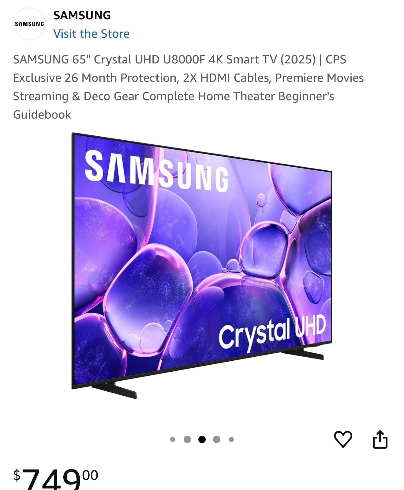 SAMSUNG 65-Inch Class Crystal 4K UHD AU8000 Series HDR, 3 HDMI Ports, Motion Xcelerator, Tap View, PC on TV, Q Symphony, Smart TV with Alexa Built-In