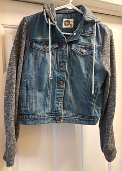 Denim Jacket with Gray Sleeves & Removable Hood – Size L