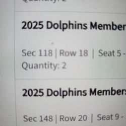 2025 6 Dolphins Season Tickets X 2 50 Yd Line Lower Bowl