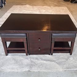 Solid Wood Coffee Table w/ 2 Leather Ottoman