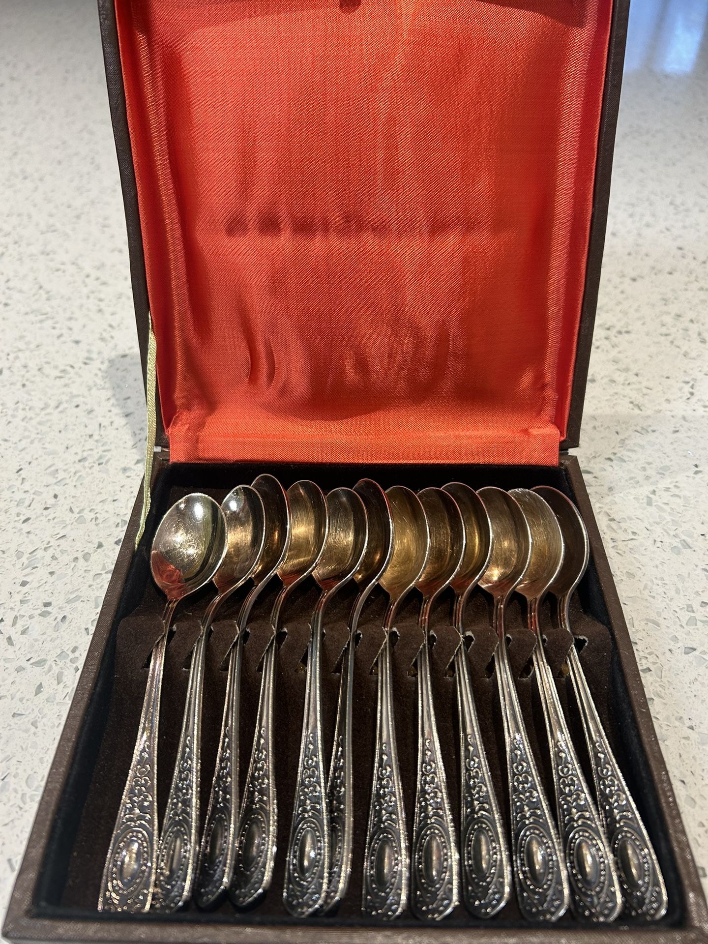 Vintage 1960 Set Of 12 Tea/Coffee Spoons. MHЦ .L 5.7 In. With Two Layers Silver-Gold Coating Fully Gold Plated. European Quality. Great Present .