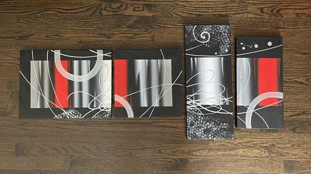 Modern Abstract Geometric Canvas Art (Set of 4) - Contemporary Wall Decor (Black, Red, Grey, White)