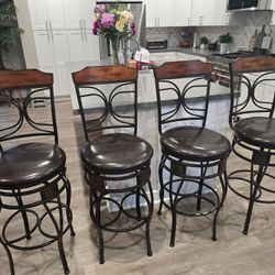 Dark Bronze Counter Island, High Top Table, Bar Upholstered Metal/Wood Swivel Stools Qty 4