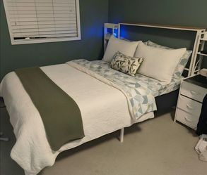 White Queen Bed Frame w/ Built‑In Headboard Storage
