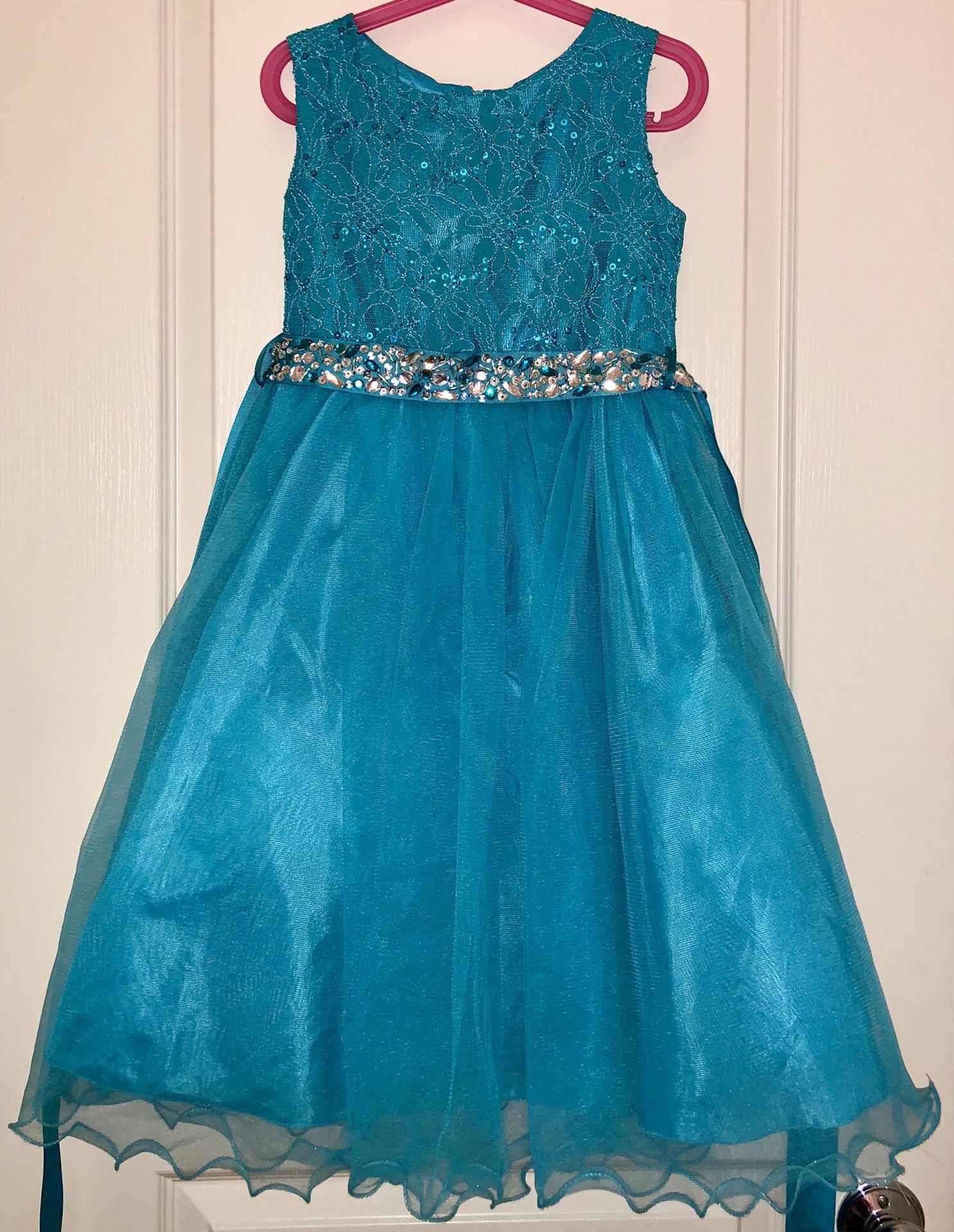 Teal Flower Girl Wedding Pageant Rattail Edge Tulle Dress, Size 6