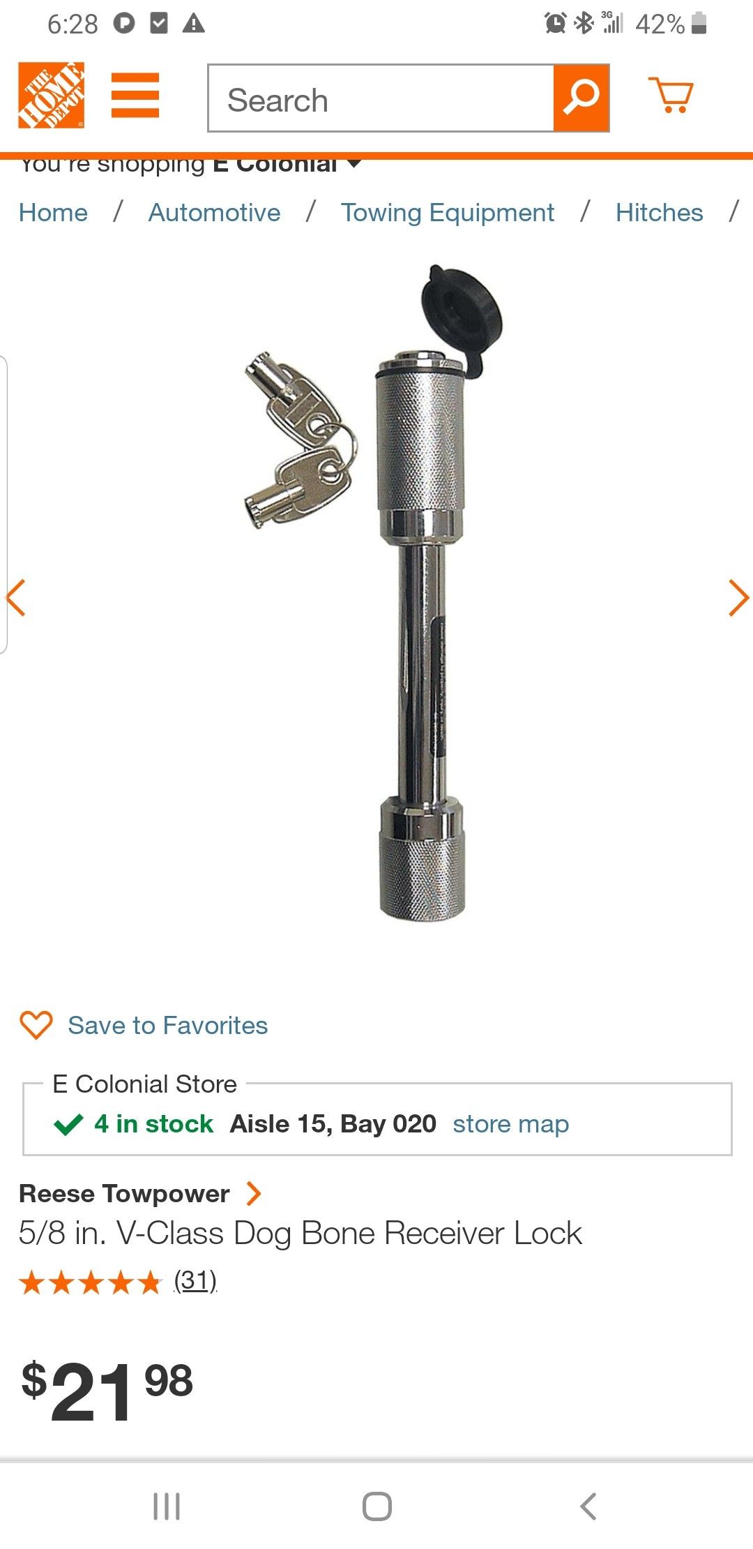 Reese Towpower 5/8 in. V-Class Dog Bone Receiver Lock