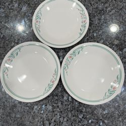 Corelle Lot of 3 Bread / Dessert Plates White Pattern Rosemarie.  Size approximately 6 3/4 inches wide.  Preowned excellent condition.  No white spots