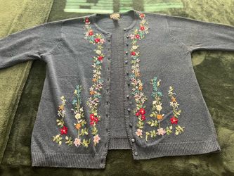 Vintage Cardigan Sweater Women's XL Embroidered Flowers Gray