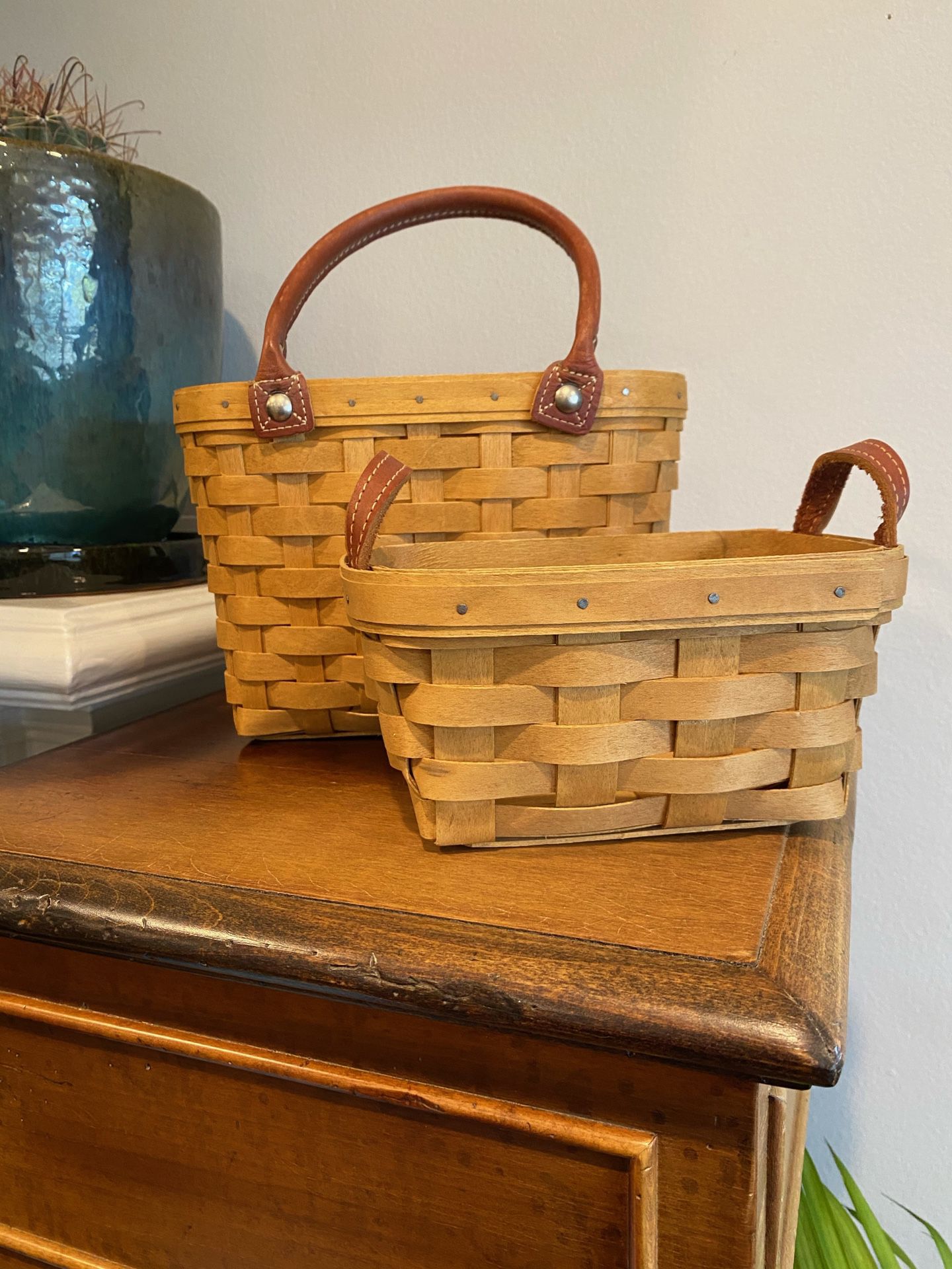 VINTAGE Pair of Longaberger Baskets w Leather Handles