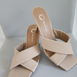 NEW Journee Tru Comfort Womens Open Toe Mid Stiletto Oppal Sandals Tan Sz 8 