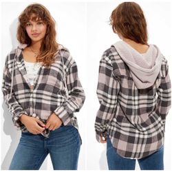 AE Oversized Sherpa Lined Plaid Flannel Hooded Button-Up Shirt