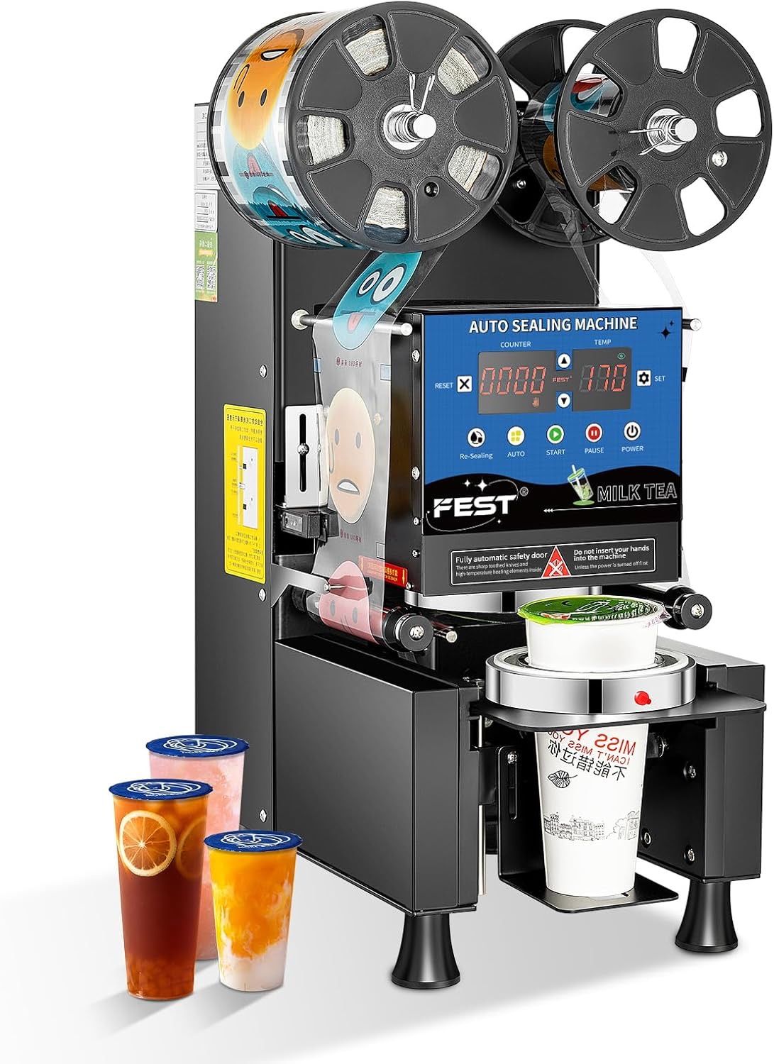 Fully Automatic Cup Sealing Machine, Electric Commercial Cup Sealer for Bubble Tea, Milk Tea, Coffee & Juice, Fits 90–95mm PP/PET/Paper Cups, 500–600 