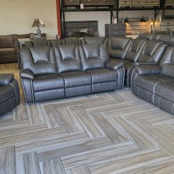 2PC GREY Breathable Air Leather Manual Recliners Sofa Loveseat Recliner Set