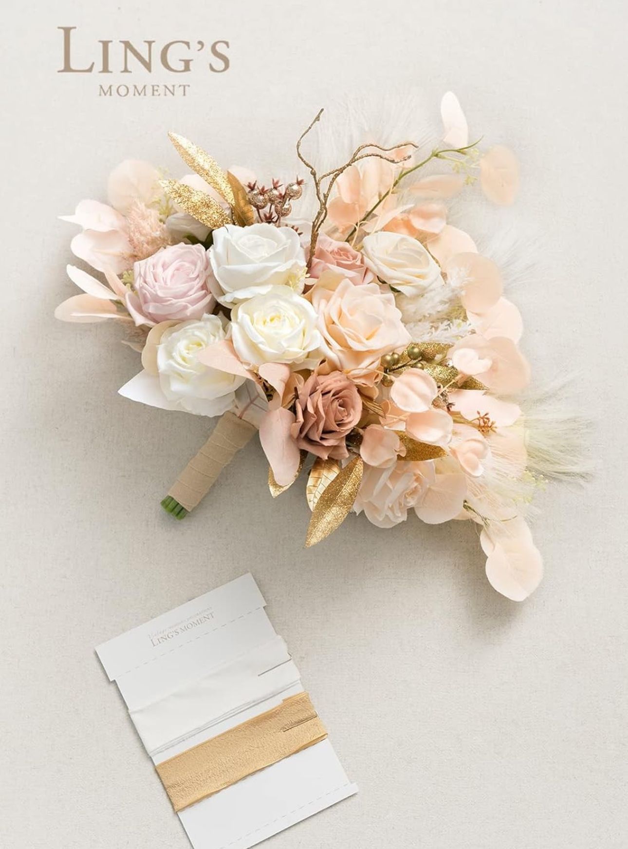 Open Box Ling's Moment Boho Bridal Bouquet, 15 Inch White Beige Wedding Bouquets for Bride, Silk Free Form Nude Bridal Bouquets for Wedding, Ceremony,