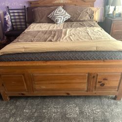 Queen, size bed, boxspring, mattress frame, very nice sheets, blankets, and comforter
