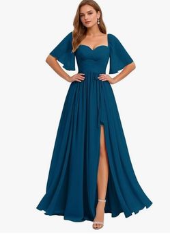 Women's Chiffon Bridesmaid Dresses V Neck Flutter Sleeve Pleated A Line Long Formal Evening Gowns with Slit 