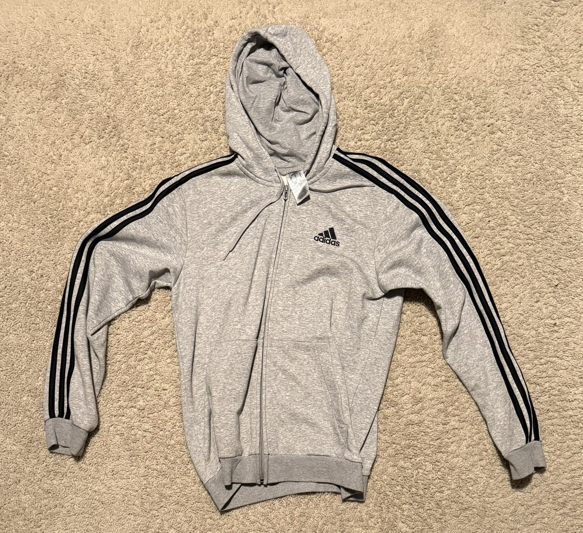 Adidas Men’s Grey Essential Fleece 3-Stripes Full-Zip Hoodie Size M
