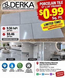 Tile 12x24 $0.99 SqFt Porcelain Polished 9.56SqFt per Box $9.46Box