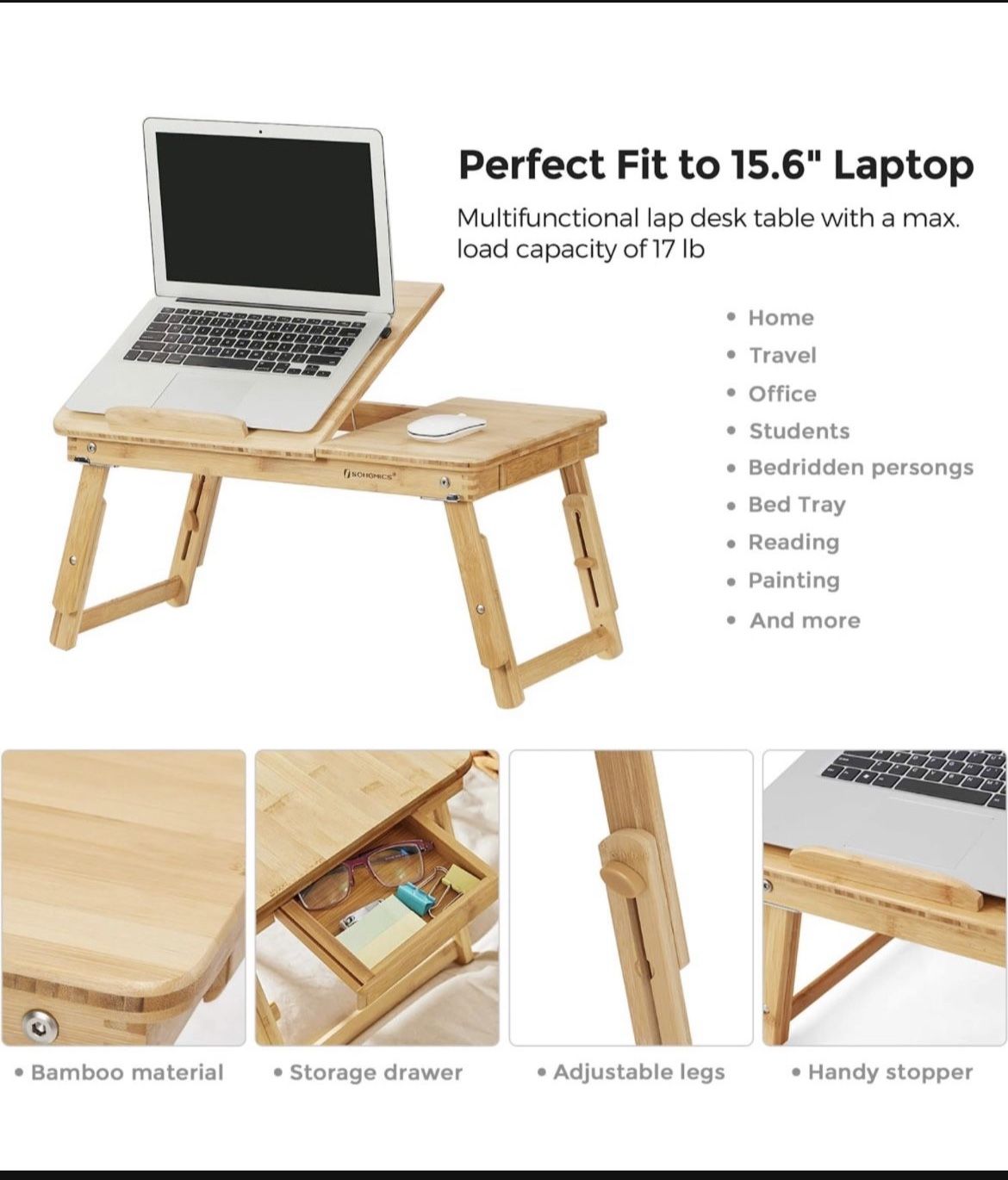 Laptop Desk for Bed Sofa with Adjustable Tilting Top, Breakfast Serving Tray with Folding Legs