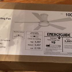  Hawkspur 52 in. Indoor/Outdoor Matte White Low Profile Ceiling Fan with Adjustable White LED - New