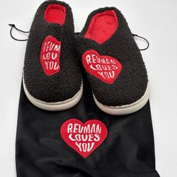 Reuman Loves You Slippers Black Red Heart Fleece House Shoes w/ Bag Unisex Size