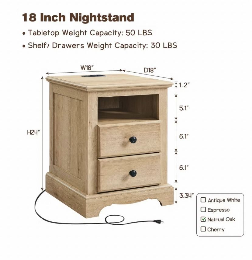 (A-Pair) 18” Vintage Nightstand with Charging Station, End Table, Side Table with 2 Drawers for Bedroom, Living Room