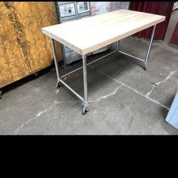 60" x 30" Bakery Maple Wood Top Prep Table On Stainless Steel Base With Wheels #1845