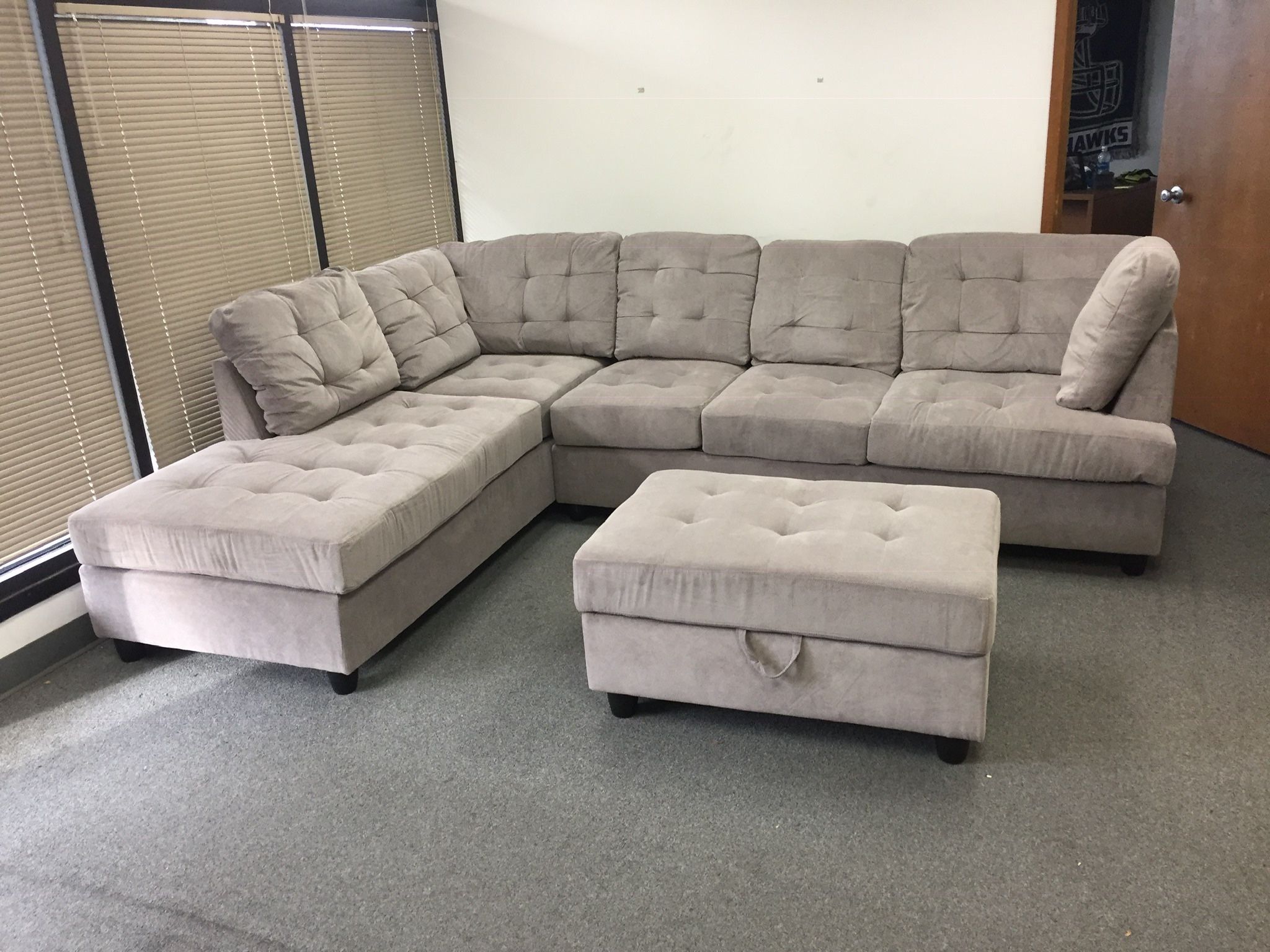 Grey Chenille Sectional Couch And Storage Ottoman